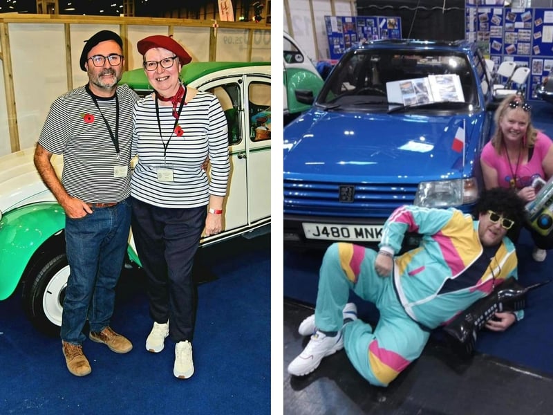 Left: Graham and Julie Lunn with their Citroen 2 CV Dolly. Right: Carl Fravigar and Katie Miller-East by their Peugeot 309 GTI.