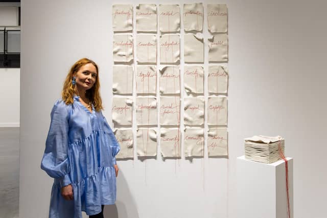 Wall based ceramics in the main exhibition at The Hub with artist Rosa Wiland Holmes, who is also leading a pottery workshop. Photo: Jules Lister