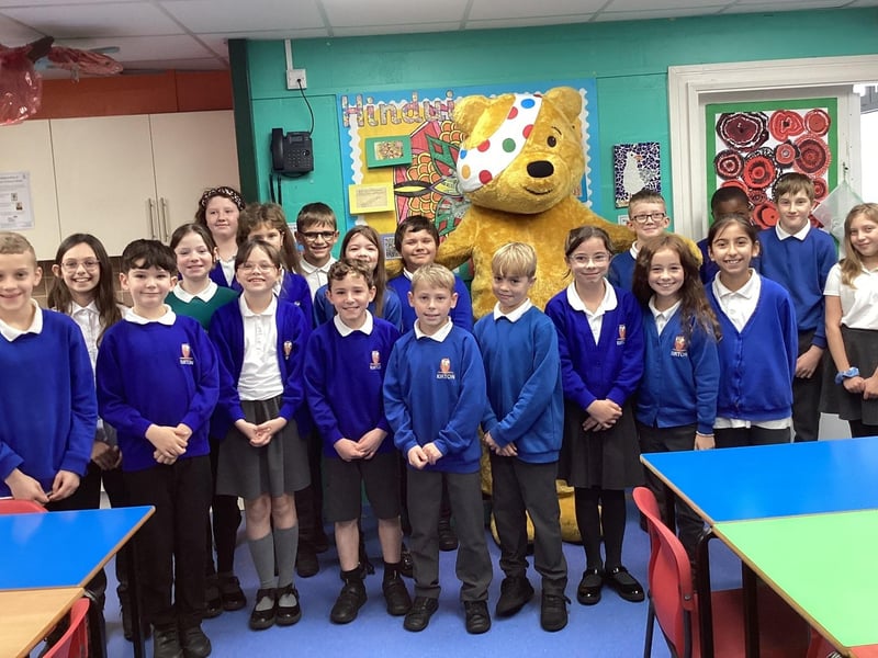 Pudsey with Year Five's Woodpeckers class at Kirton Primary School.