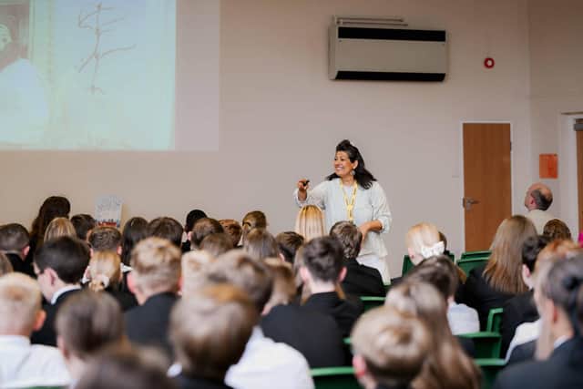 The author captivated students in assemblies.