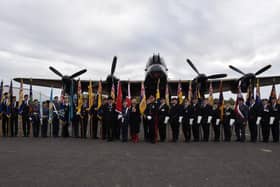 Lincolnshire Royal British Legion Standard Bearers in the shadow of  the 'Just Jane' Lancaster.