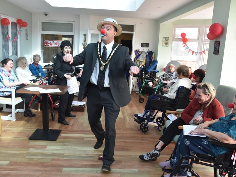 Red-nosed Deputy Mayor of Skegness Coun Jimmy Brookes joing in the fun.