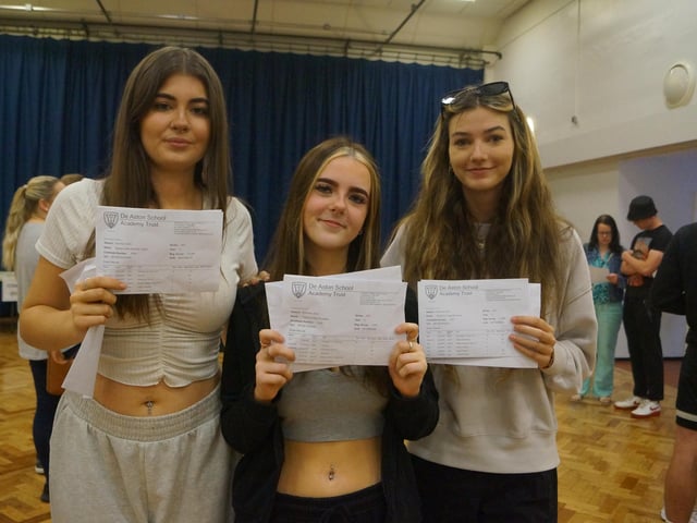 A delighted Chloe Louise Wheatley, centre, exceeded her targets and will be heading to Lincoln College. Joining her will be Reece Sterrett Taylor, left, while Harmony Redmond, right, whose grades includes 9s in English and RE, will be staying at De Aston. All three will be studying psychology, criminology and sociology.