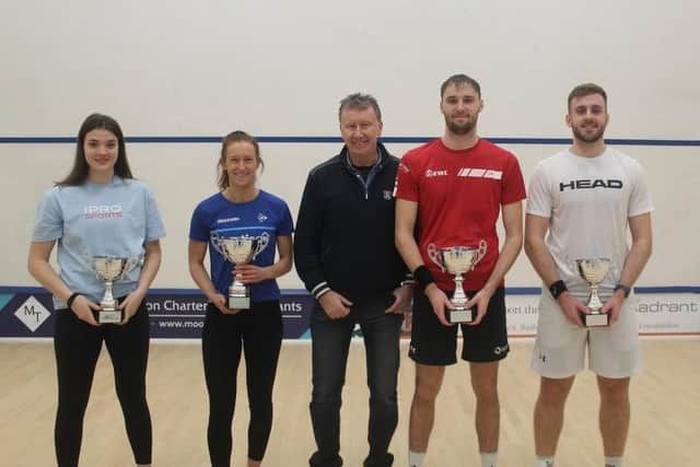 Last year's Boston Open finalists with tournament director Mark Hildred (centre)