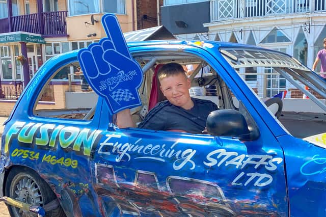 Flying the flag for Skegness Stadium - the youngest stock car racer.