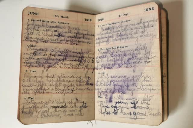 The only two pages written in ink, which had run - presumably as the soldier tried to write in the rain.