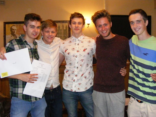 Carre’s Grammar School students celebrating their A-level results in 2014. Pictured (from left) are Charles Price, Josh Pickard, Kyle Houldsworth, Alex Gordon, and Guy Gibson.