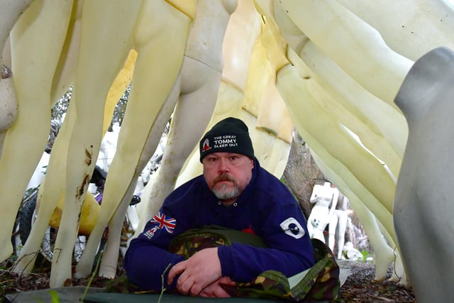 Navy veteran, Jason Roffey of Sleaford, sleeping at Mannakin Hall yard for a week.