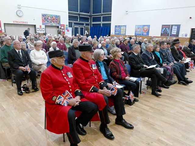 The audience at St George's Academy hall, including Chelsea Pensioners, L-R Cliff Belsey and Norman Bareham. Photo: David Dawson