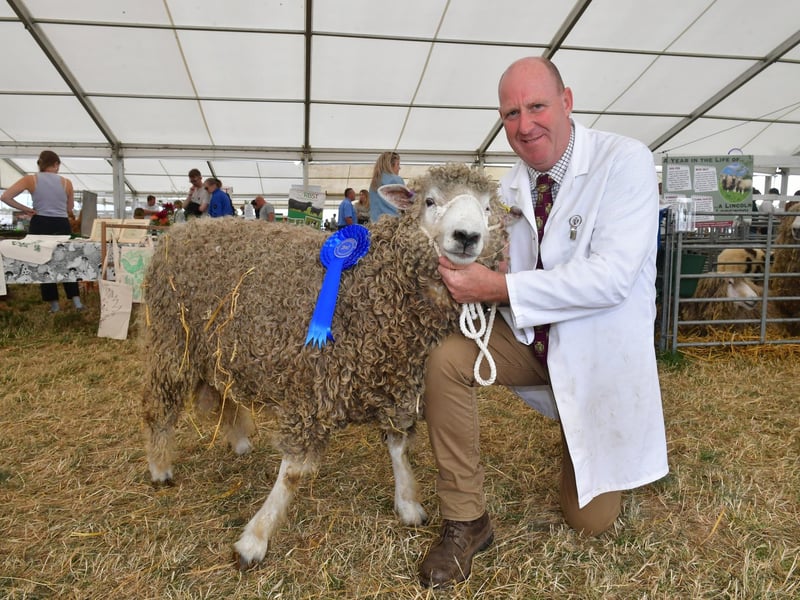 Richard Lawson of Corner Farm, Helpringham, with his Shearling Ram, Lincoln Longwool sheep
