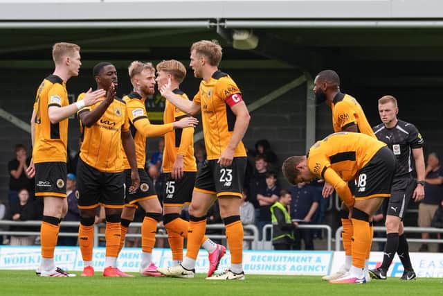 Boston celebrate Jamie Grimes' opener. Pic by Alex Mather Photography.