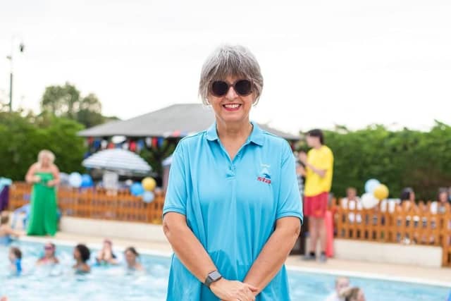 Karen Brine, pictured poolside, says weight loss has transformed both her confidence and mobility at work