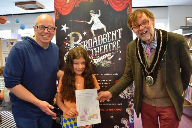 Logo winner Willow, with Town Mayor Stephen Bunney and JimBob Hewson from the LRP Youth Theatre