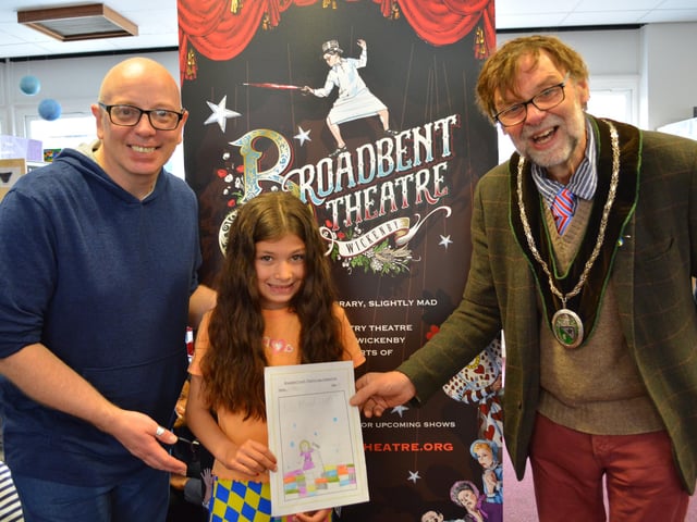 Logo winner Willow, with Town Mayor Stephen Bunney and JimBob Hewson from the LRP Youth Theatre