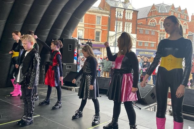 Youngsters from the Biz performing arts school in Boston on stage at the Jubilee Party in the Market Place.
