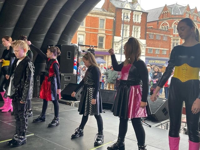 Youngsters from the Biz performing arts school in Boston on stage at the Jubilee Party in the Market Place.
