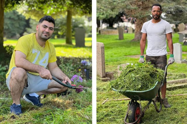 Two of the men who volunteered to help tidy the grounds of St Mary's Church in Swineshead.