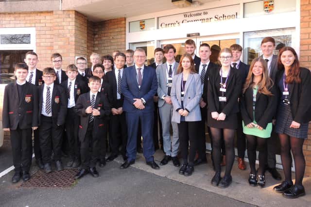 Headteacher Nick Law and pupils pleased to see a rapid reversal of Carre's Grammar School's negative Ofsted report in just 18 months.
