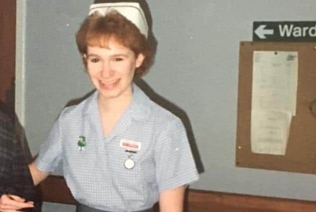 Susan Fox as a first year Registered General Nurse student at Pilgrim Hospital Boston in 1989.