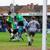 Goalmouth action as FC United halt Gainsborough's unbeaten run. Photo by Sean Cook (Foxby Media).