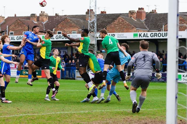 Goalmouth action as FC United halt Gainsborough's unbeaten run. Photo by Sean Cook (Foxby Media).