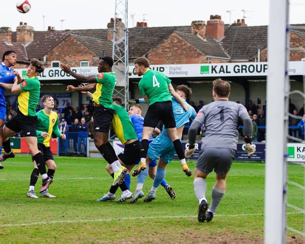 Goalmouth action as FC United halt Gainsborough's unbeaten run. Photo by Sean Cook (Foxby Media).