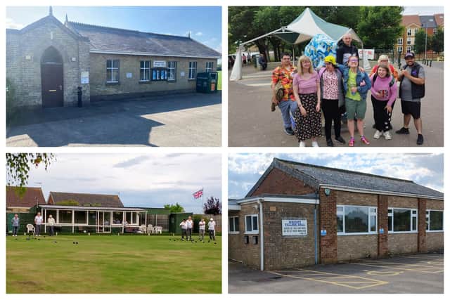 Four of the eight community causes receiving funds ... (clockwise, from top left) Brothertoft Village Hall, Thistles Market Garden, Sutterton, Wigtoft Village Hall and Wigtoft Bowls Club.