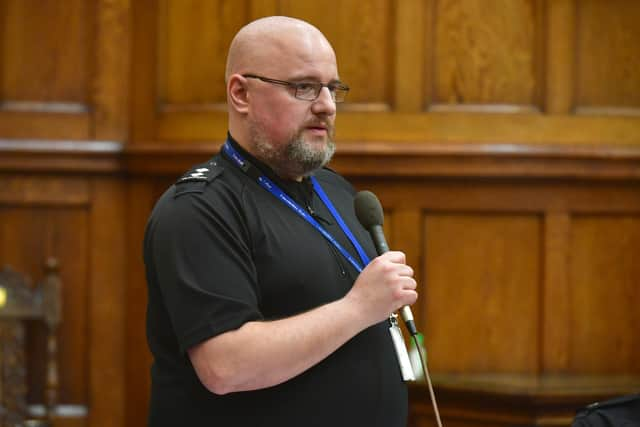 Inspector Colin Clarkson addresses those gathered at the public safety meeting.