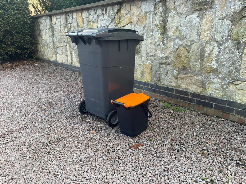The new food waste caddy compared to a standard black wheelie bin. Photo: SKDC