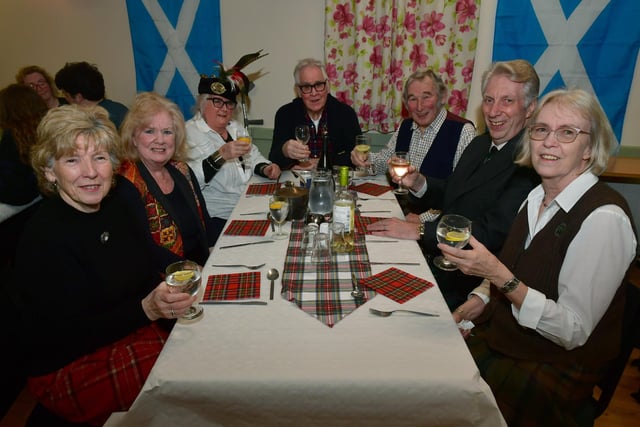 L-R Mary McCue, Chrissie Marney, Janice Glew, John Glew, Chris Marney, Alan Forrester and Dorothy Forrester at the Ewerby Burns Night supper.