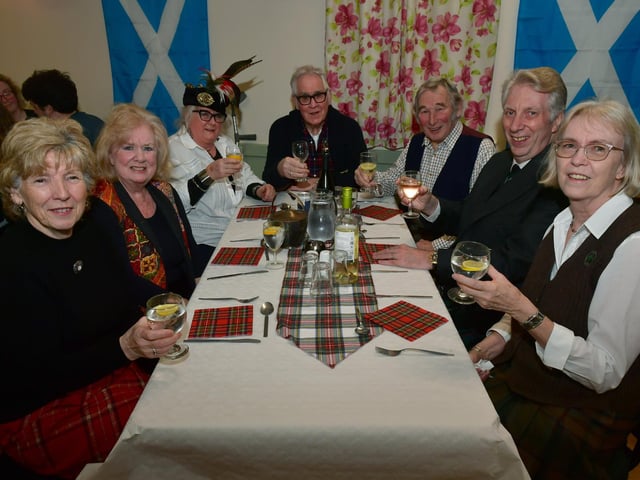 L-R Mary McCue, Chrissie Marney, Janice Glew, John Glew, Chris Marney, Alan Forrester and Dorothy Forrester at the Ewerby Burns Night supper.
