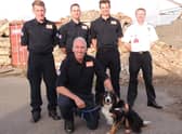 Back home from Turkey, from left - rescue firefighters Colin Calam, Ashley Hildred, Mark Dungworth, Neil Woodmansey and Colin (front), with Chief Fire Officer Mark Baxter.
