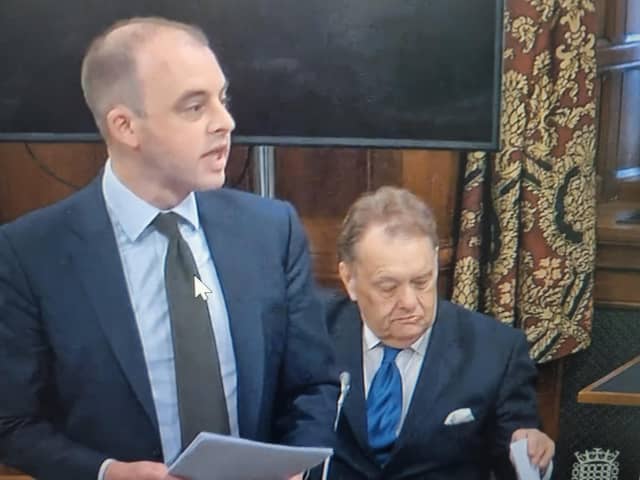 Boston and Skegness MP Matt Warman (left) addressing Westminster Hall on pylons, with Sir John Hayes (South Holland) seated.