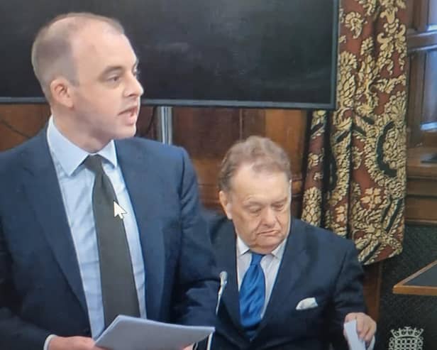 Boston and Skegness MP Matt Warman (left) addressing Westminster Hall on pylons, with Sir John Hayes (South Holland) seated.