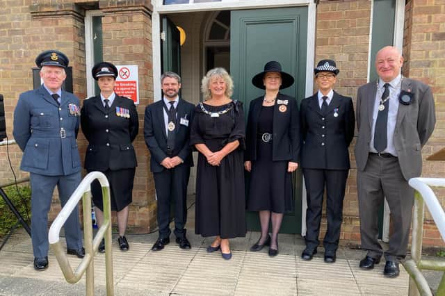 Cllr Helen Matthews, Chairman of East Lindsey District Council and Deputy Lord Lieutenant of Lincolnshire Camilla Carlbom Flinn with representatives from the RAF, Lincolnshire Fire & Rescue, Lincolnshire Police and Mr Matthews after the Proclamation at Tedder Hall in Manby. Photo: Chris Frear