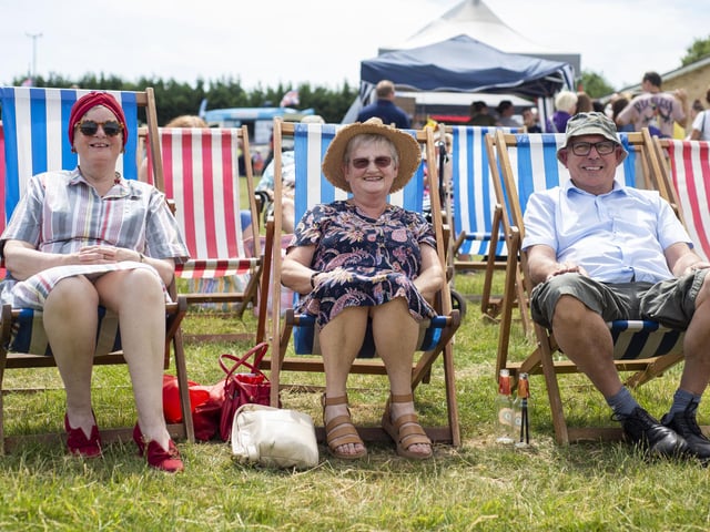 L-R Marilyn Kennedy, Rose Hardwick, and Paul Hardwick watching performers at Sleaford 1940sd Day. Photo: Holly Parkinson