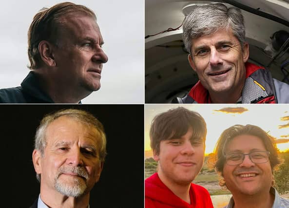 This combination of pictures shows Titan submersible passengers (L-R, top to bottom) Hamish Harding, Stockton Rush, Paul-Henri Nargeolet and Suleman Dawood and his father Shahzada Dawood.