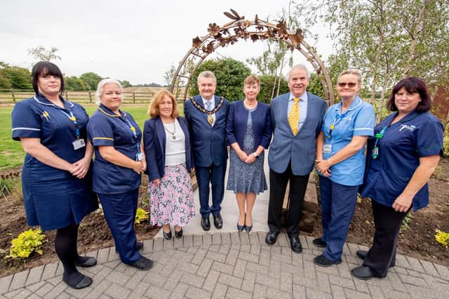 Sam Fowler Clinical service manager, Rebecca Franks Senior Clinical Service manager,  Mayoress Bridget Kingsley Baskett, Mayor Jeremy Kingsley Baskett, Michelle Webb Director of Care St Barnabas, Tony Maltby Chairman of St Barnabas, Sue Scully Staff nurse and Helen Wright Macmillan Specialist nurse.