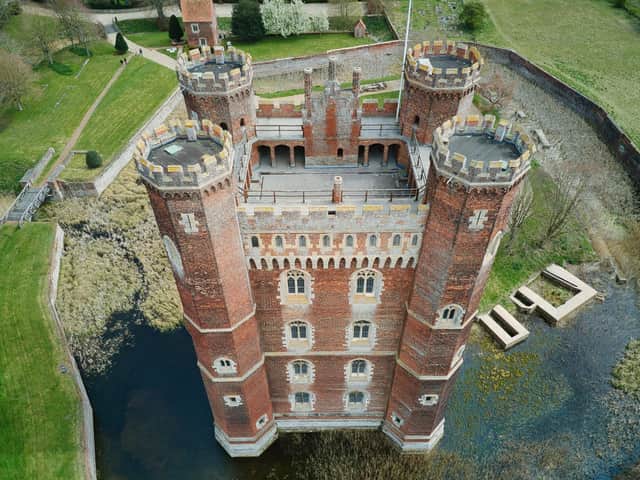 View of Battlements and roof, with corner turrets that contained medieval banqueting suites for high status guests. Credit National Trust - Labyrinth Mini Movies.
