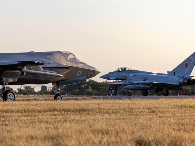 An F-35 Lightning and an FGR4 Typhoon at RAF Coningsby. Photo: AS1 Joshua Whiting/MOD