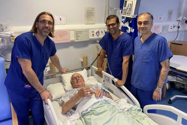 Dr Fernandez, Dr Venugopal and Dr Khan with Dennis Hauton