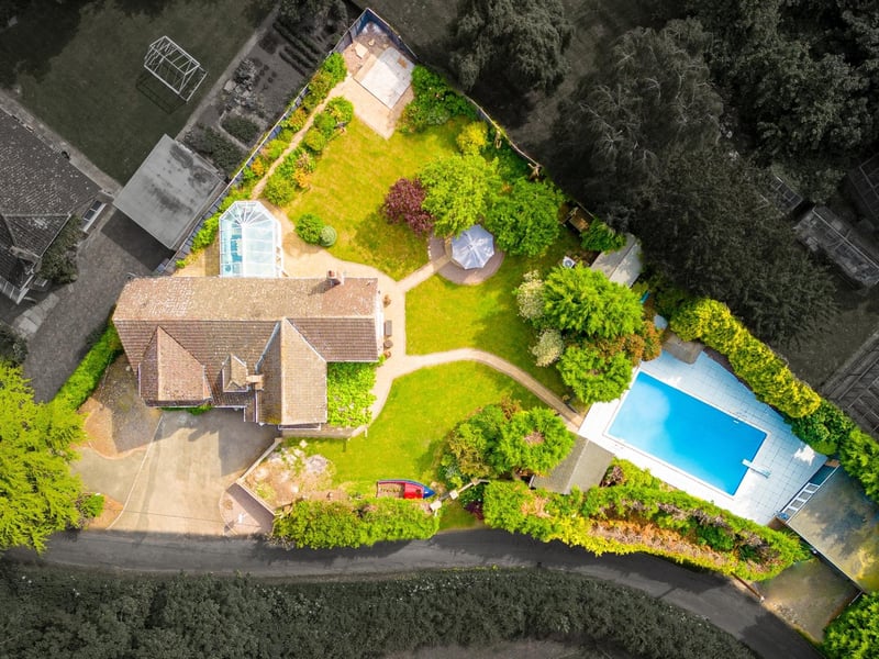A bird's-eye view of the property and its grounds.