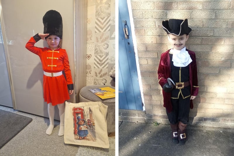 LEFT: Georgiarna, six, of Boston, as a royal guard in a nod to Michael Bond's much-loved literary creation, Paddington. RIGHT: Natan, seven, of Wyberton, dressed as the Peter Pan villain Captain Hook.