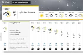A screenshot of the BBC Weather website, showing winds of 15,111mph for Boston. The BBC says it is working to correct a fault that is affecting its forecasts.