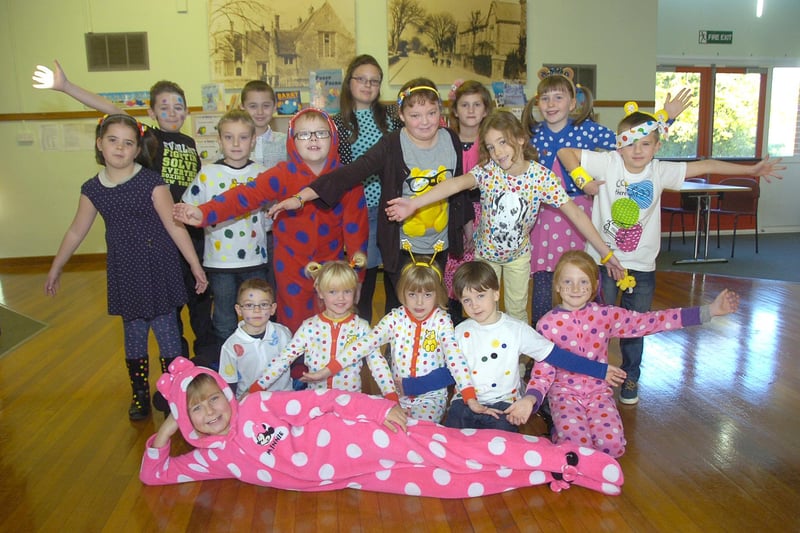 Pupils and staff at Ruskington's Chestnut Street CofE Primary School wearing spotty clothes for Children in Need.