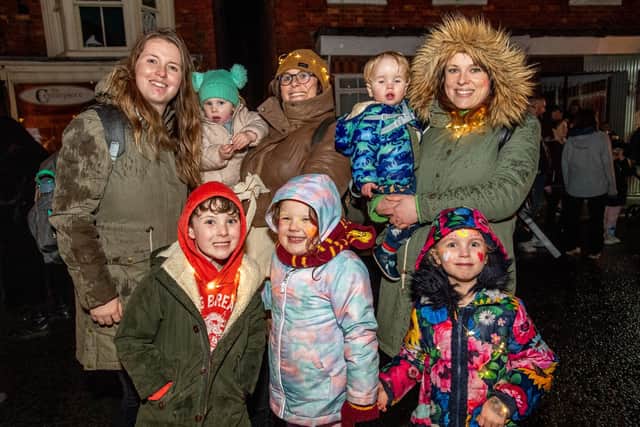 Tessa Ball, Olive Stock-Shilton, Lorrie Stock, Rory Ball, Sam Philips, Otis Stock -Shilton, Trixie Philips, and Erin Ball enjoying Spilsby Light Night.
