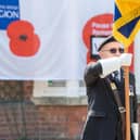 Brian Harvey, Sleaford RBL standard bearer, commemorating the 75th anniversary of VE Day in 2020. Photo: John Aron