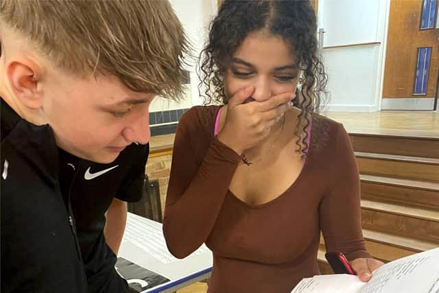 Pupils collecting their GCSE results at the Giles Academy, Old Leake.