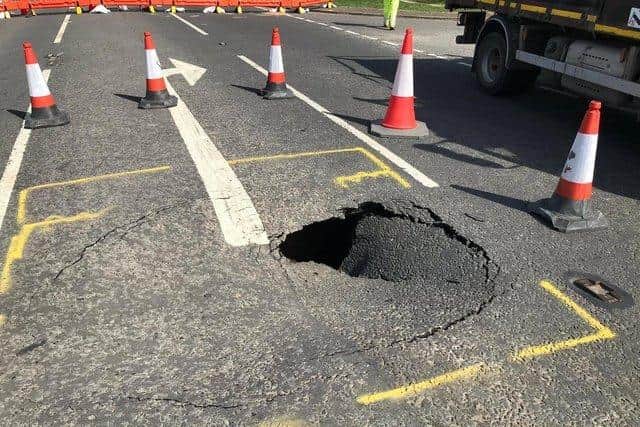 The original sinkhole that appeared in the A153 near Tattershall Bridge in 2020.