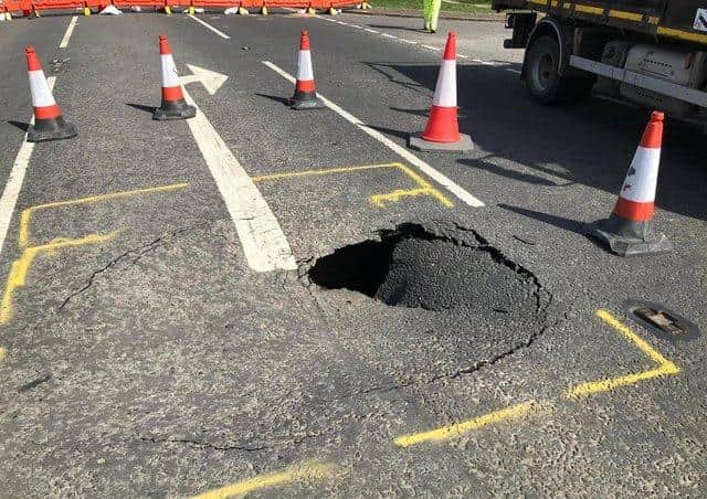 The original sinkhole that appeared in the A153 near Tattershall Bridge in 2020.